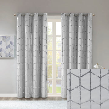 Total Blackout Metallic Print Grommet Top Curtain Panel Only 1 Pc Panel Grey Silver Microfiber