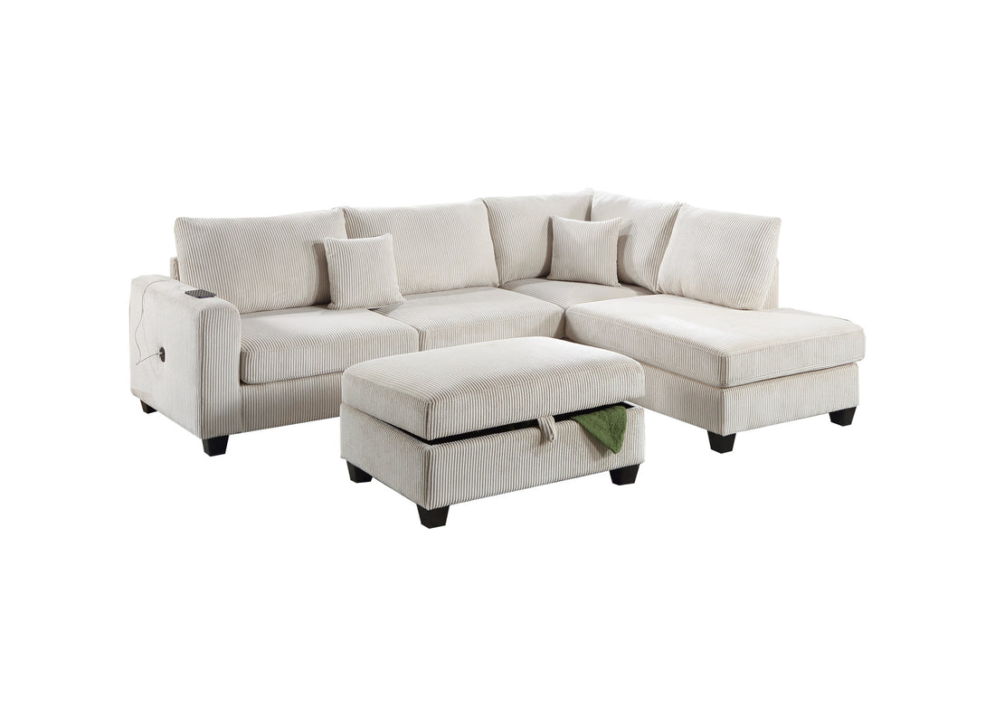 Ivory Color 3Pc Sectional Set Corduroy Upholstered Laf Sofa Raf Chaise Ottoman L Sectional Living Room Furniture Ivory Primary Living Space Cushion Back Contemporary,Modern L Shaped Rubberwood Corduroy 6 Seat