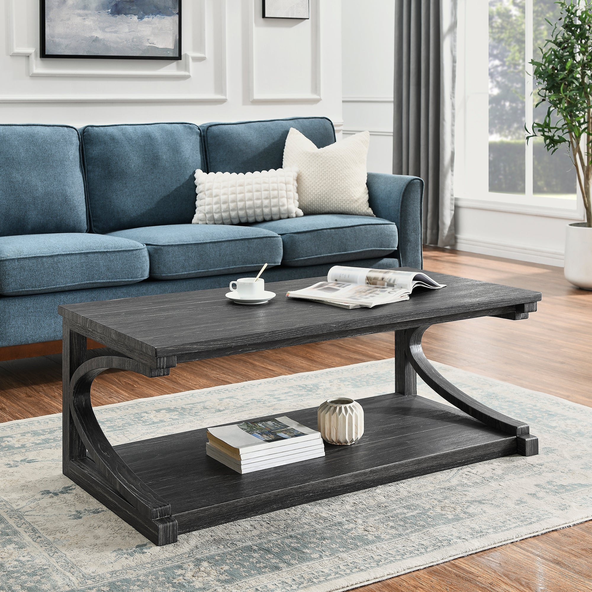 Unique Coffee Table, Solid Wood 48 Inch Modern Coffee Table Modern Center Table With Storage, Solid Wood Special Shape Coffee Table, Living Room, Kitchen, Apartment Dining Table Black Solid Wood Mdf