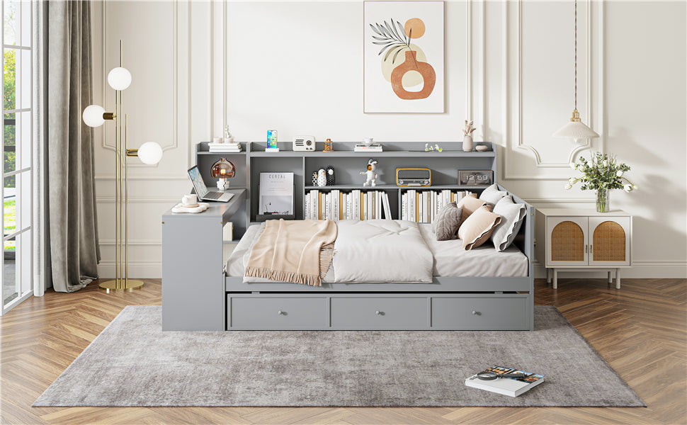 Full Size Wooden Daybed With 3 Drawers, Usb Ports And Deskgray Full Gray Wood