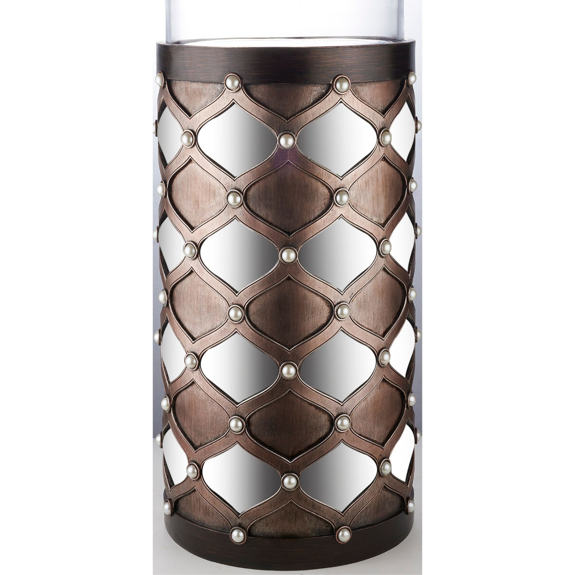 31" Tall Candleholder With Hurricane Glass, Arabesque Mirror Design Brown Polyresin