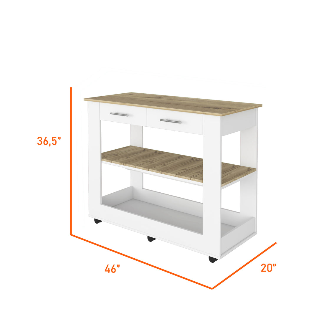 Brooklyn 46 Kitchen Island, Two Shelves, Two Drawers Multicolor Kitchen Contemporary Rectangular Kitchen Carts Melamine Engineered Wood Medium 40 55In