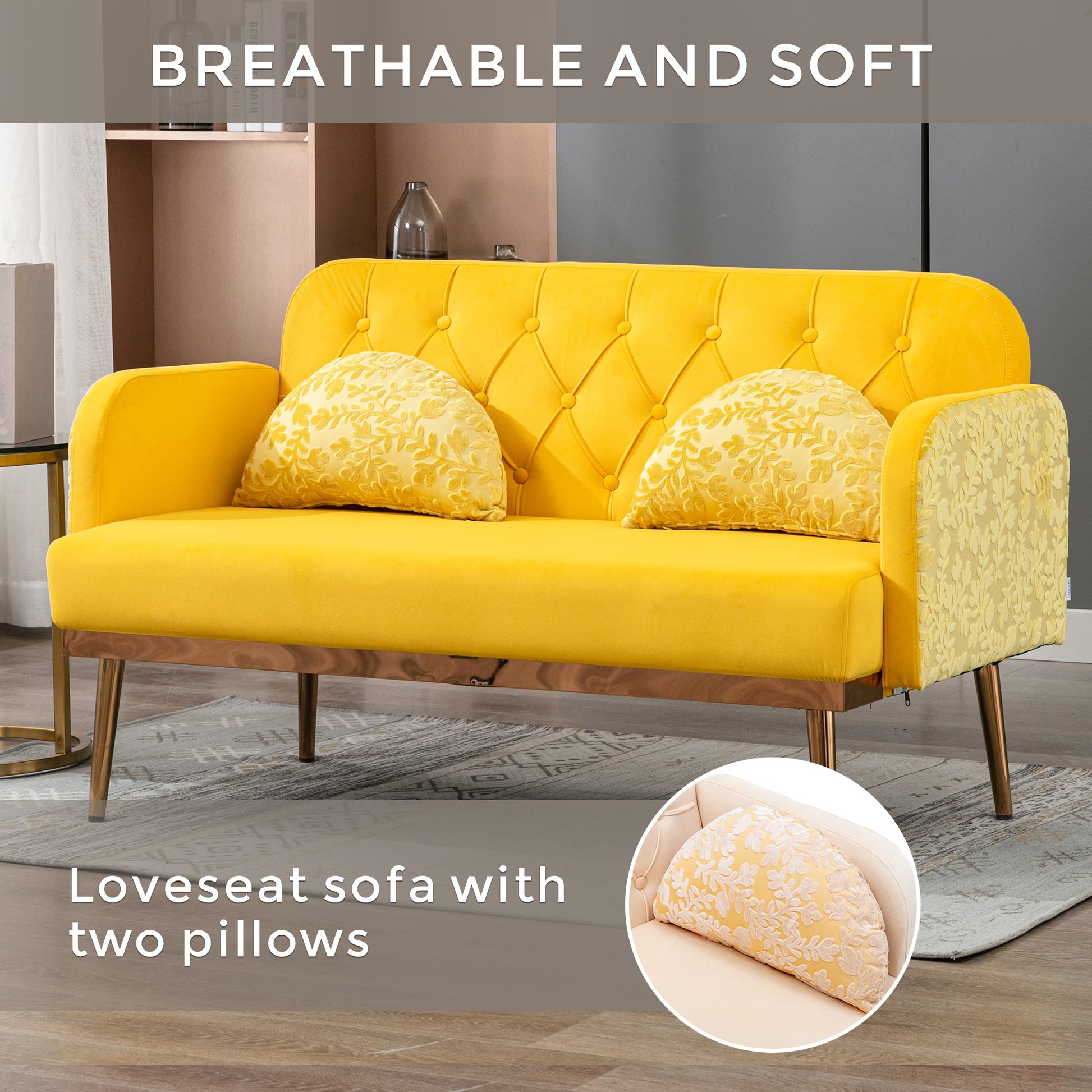 Coolmore Modern Velvet Loveseat Sofacomfy Upholstered 2 Seater Sofa With Gold Metal Legs, Small Loveseat Accent Couch For Living Bedroom Leisure Areas Yellow Velvet Yellow Foam Polyester 2 Seat