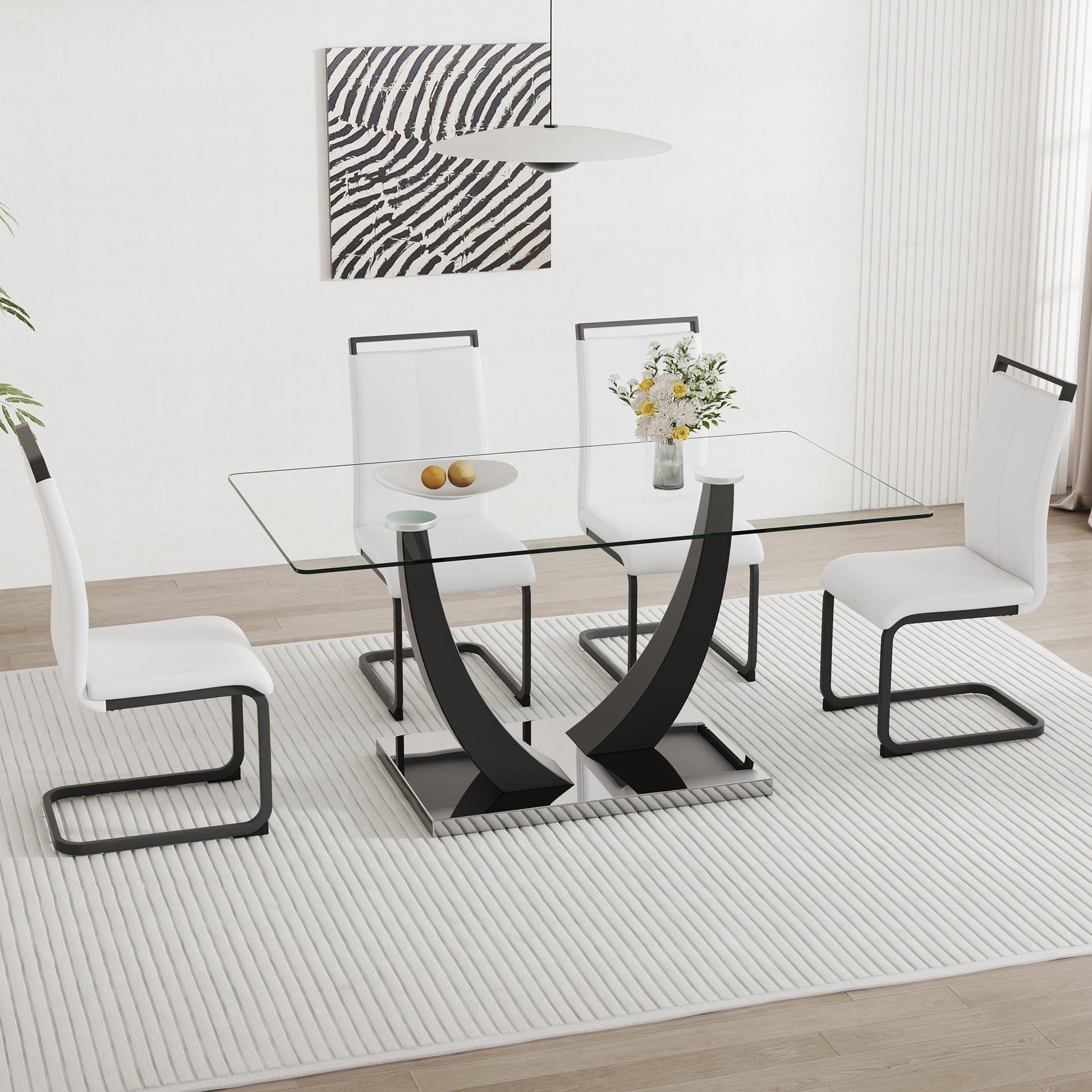 Table And Chair Set.Large Rectangular Glass Dining Table, 0.39 "Tempered Glass Countertop And Black Metal Shaped Bracket.Comes With Chairs With Faux Leather Cushions.Suitable For Kitchen, Dining Room. White Black Seats 4 Glass Metal