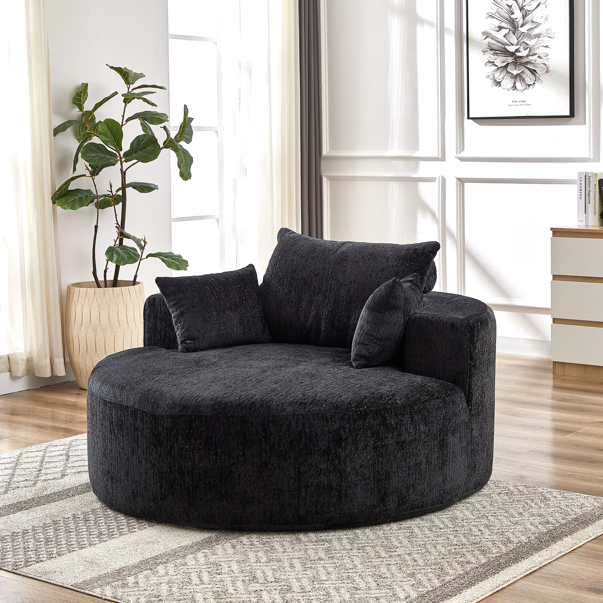 55''L Chenille Sponge Single Sofa,No Assembly Required,Fluffy Modern Sleeper Chair For Living Room, Bedroom, Lounge And Projection Room Not A Swivel Chair. Black Foam Chenille 1 Seat