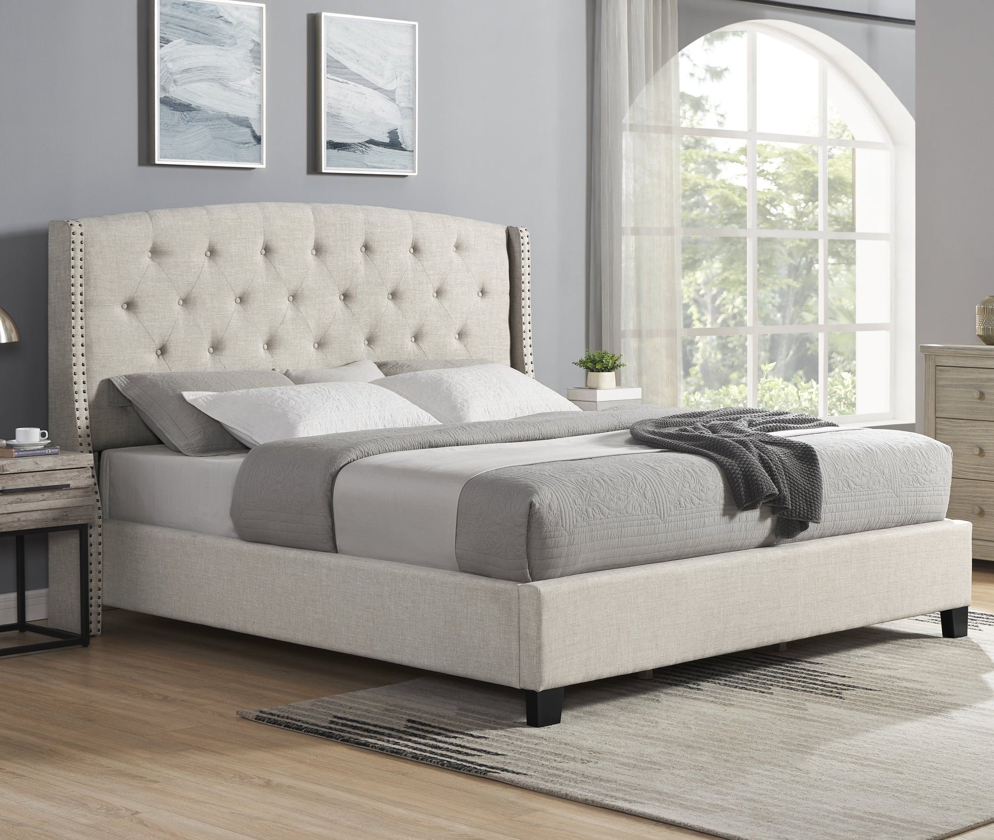 Nantarre Fabric Button Tufted Wingback Upholstered Bed With Nail Head Trim, Beige Box Spring Required Queen Beige Wood Bedroom Contemporary Bed Frame Wood Polyester Engineered Wood