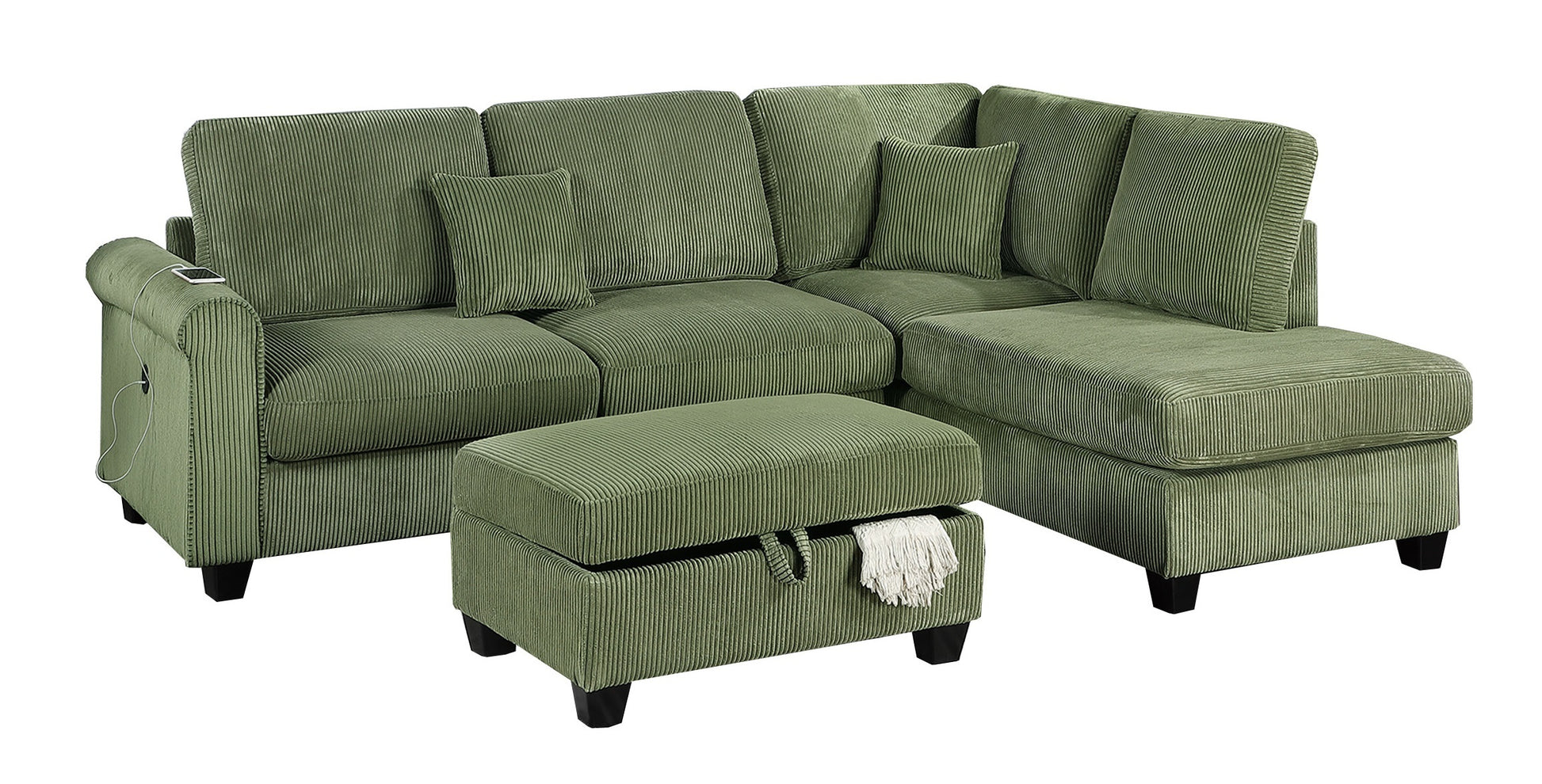 Gorgeous Sage Color 3Pc Sectional Set Corduroy Upholstered Laf Sofa Raf Chaise Ottoman L Sectional Living Room Furniture Sage Primary Living Space Cushion Back Contemporary,Modern L Shaped Rubberwood Rolled Arms Corduroy 6 Seat