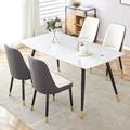 Modern Minimalist Dining Table. White Imitation Marble Pattern Sintered Stone Desktop With Black Metal Legs.Modern Dining Chair With Pu Artificial Leather Backrest Cushion And Black Metal Legs.F 001 Black Gold Sintered Stone