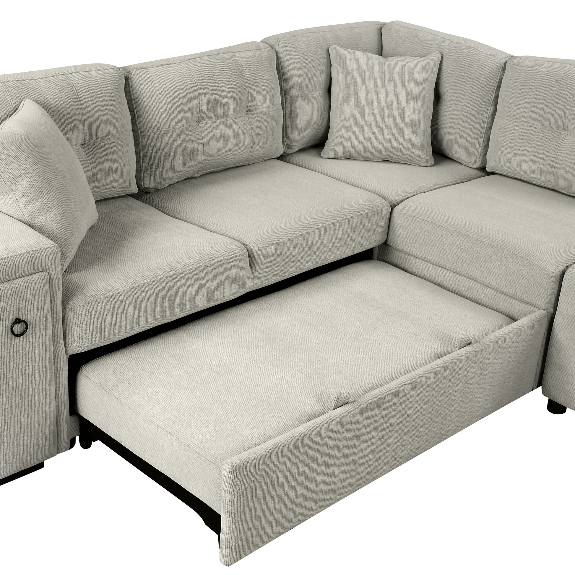 86.6" Sectional Sofa L Shaped Sofa Couch Pull Out Sofa Bed With A Movable Ottoman, Two Usb Ports And Two Cup Holders For Living Room, Gray Grey Foam Chenille 4 Seat