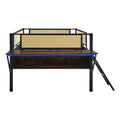Single Metal Loft Bed With Rectangular Desk, Led Lights, Led Loft Bed Frame Double Bed With Storage Shelves And Hanging Storage Compartments, Safety Guard And Ladder, No Box Springs Required, Rattan G Full Black Brown Mdf Iron