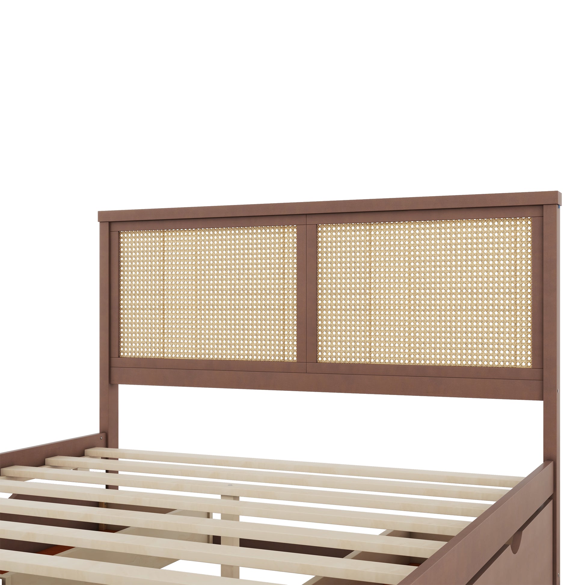 Queen Size Wood Storage Platform Bed With 4 Drawers, Rattan Headboard, Espresso Box Spring Not Required Queen Antique Espresso Wood Bedroom Bed Frame Wood Rattan
