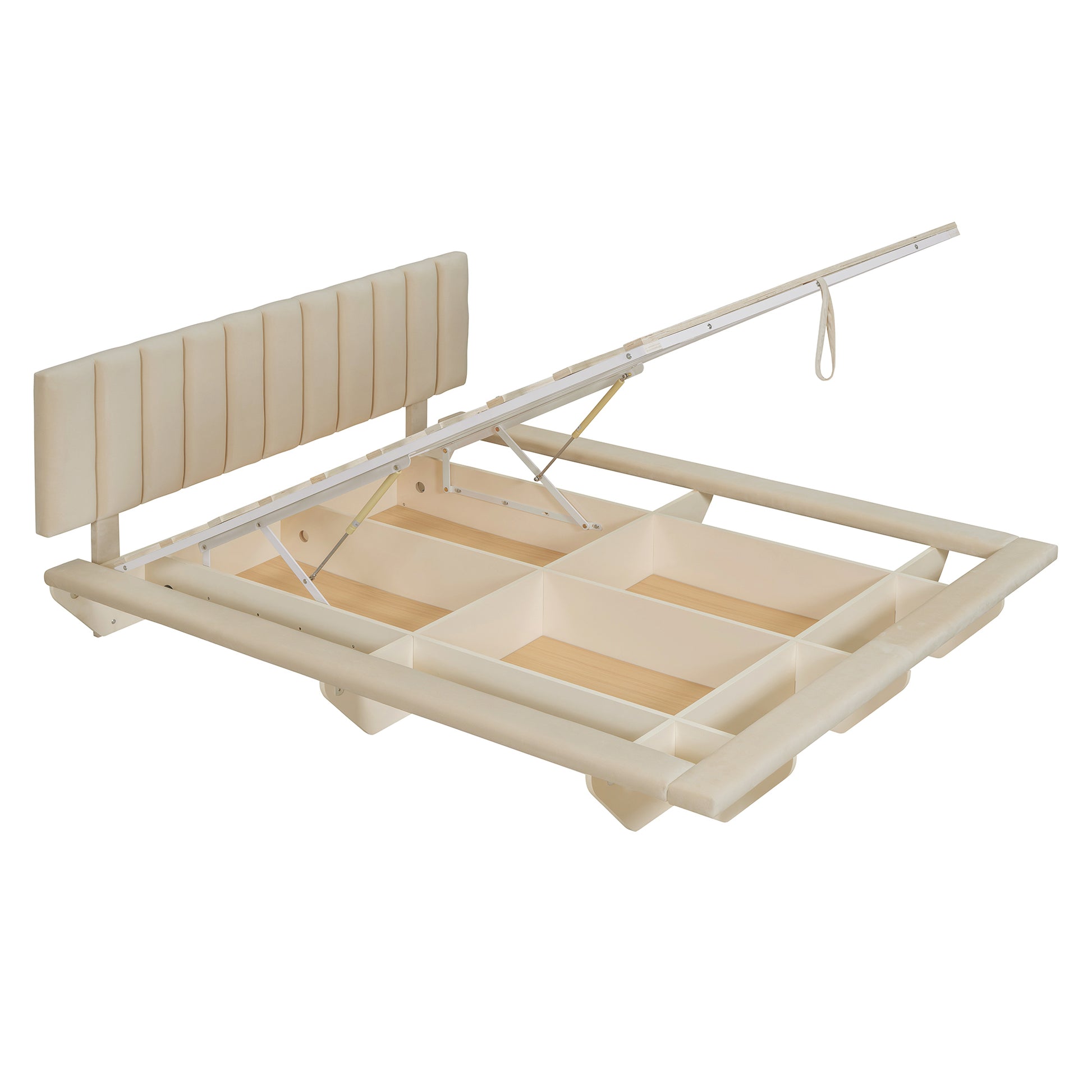 Queen Size Upholstered Floating Bed With Led Light And Usb Port, Velvet, Beige, Hydrualic Platform Bed Queen Beige Velvet