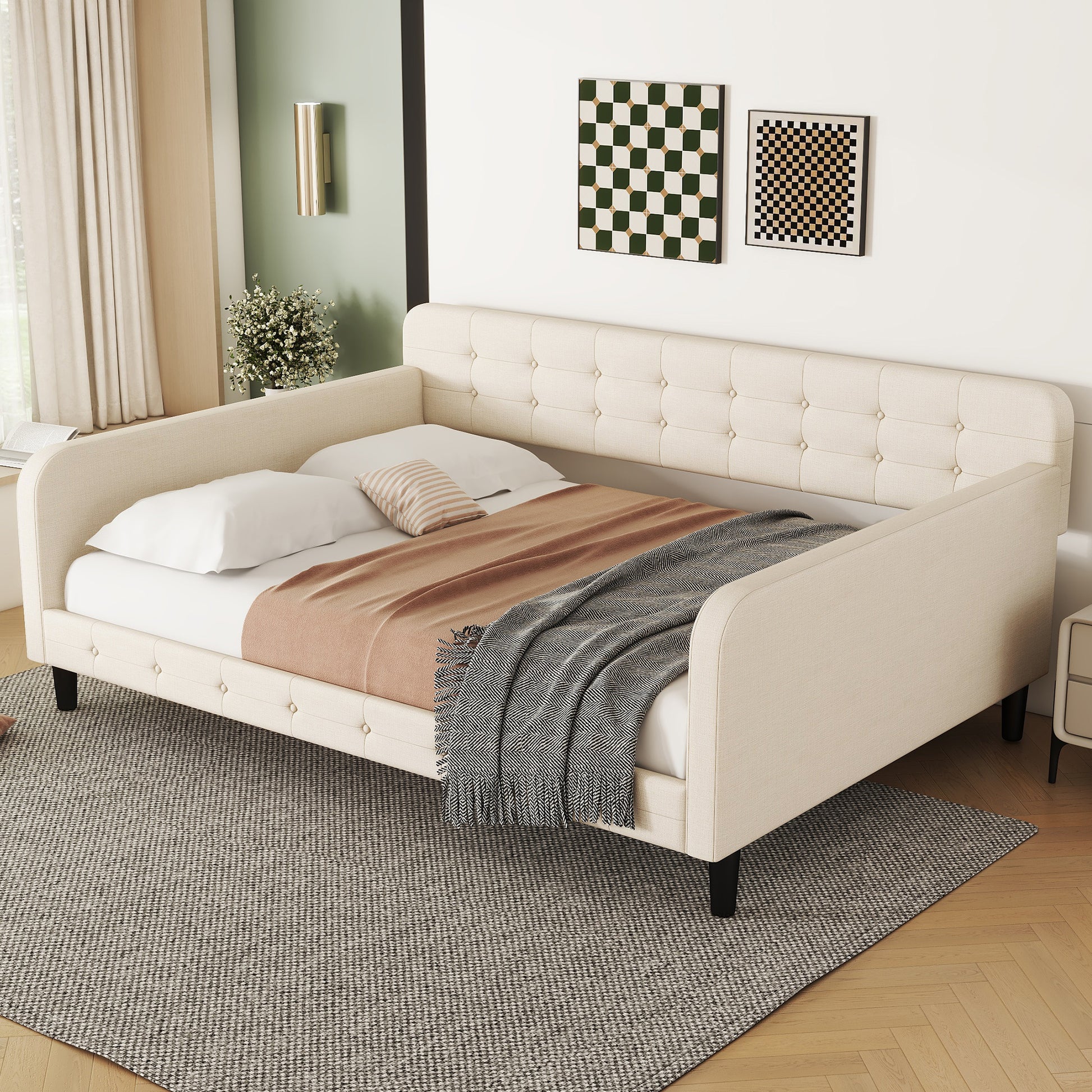 Full Size Upholstered Tufted Daybed With 4 Support Legs, Beige Box Spring Not Required Full Beige Wood Bedroom Daybeds Linen Upholstered