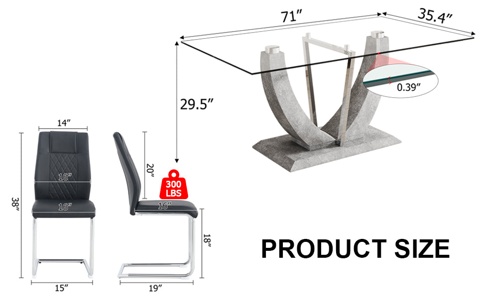 Table And Chair Set, Large Modern Rectangular Glass Table, Can Accommodate 6 8 People, Equipped With A 0.39 Inch Tempered Glass Tabletop And Large Mdf Table Legs, Comfortable And Soft Chairs. Transparent Mdf Glass
