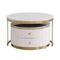 Modern 2 Pieces White Round Nesting Coffee Table With Drawers In 27.6'' Gold White Drawers Coffee & End Tables Glossy Round Metal Mdf Pedestal