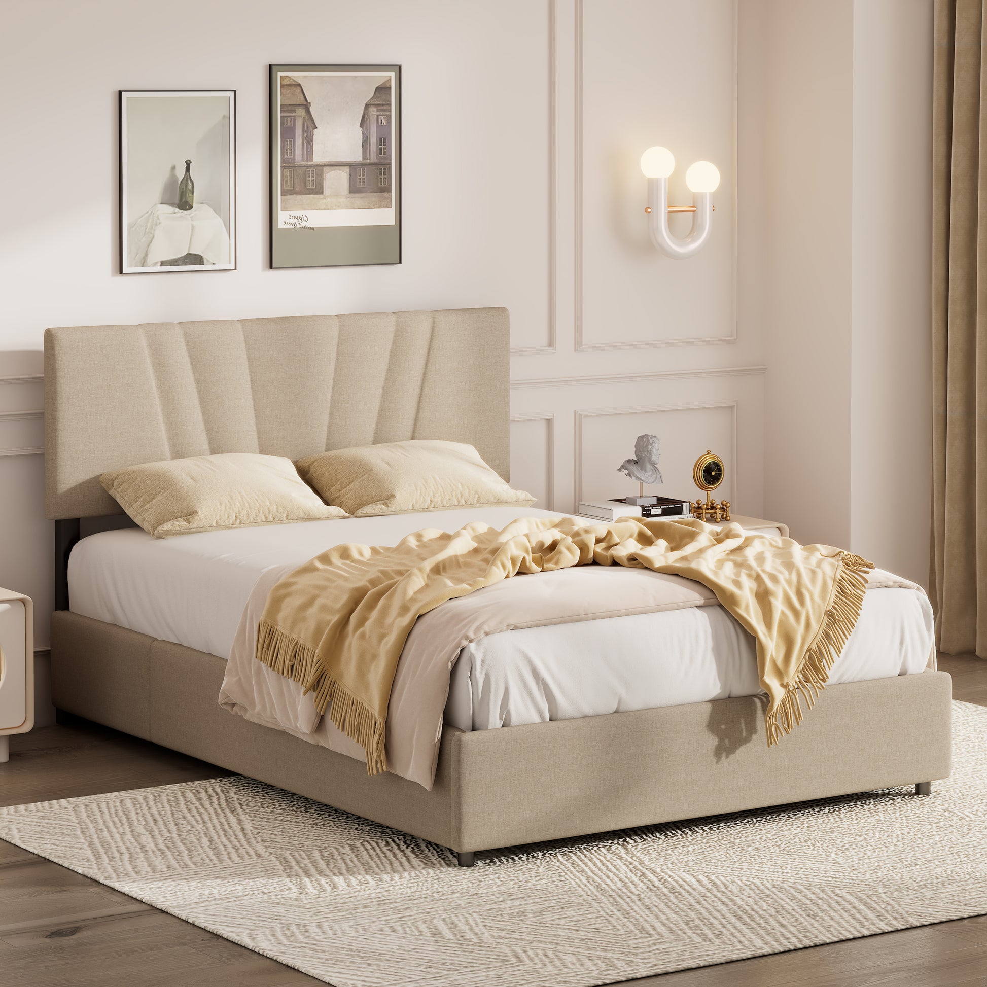 Queen Upholstered Platform Bed With Lifting Storage, Queen Size Bed Frame With Storage And Tufted Headboard,Wooden Queen Platform Bed For Kids Teens Adults,No Box Spring Needed Queen, Beige Box Spring Not Required Queen Light Beige Wood Bedroom American