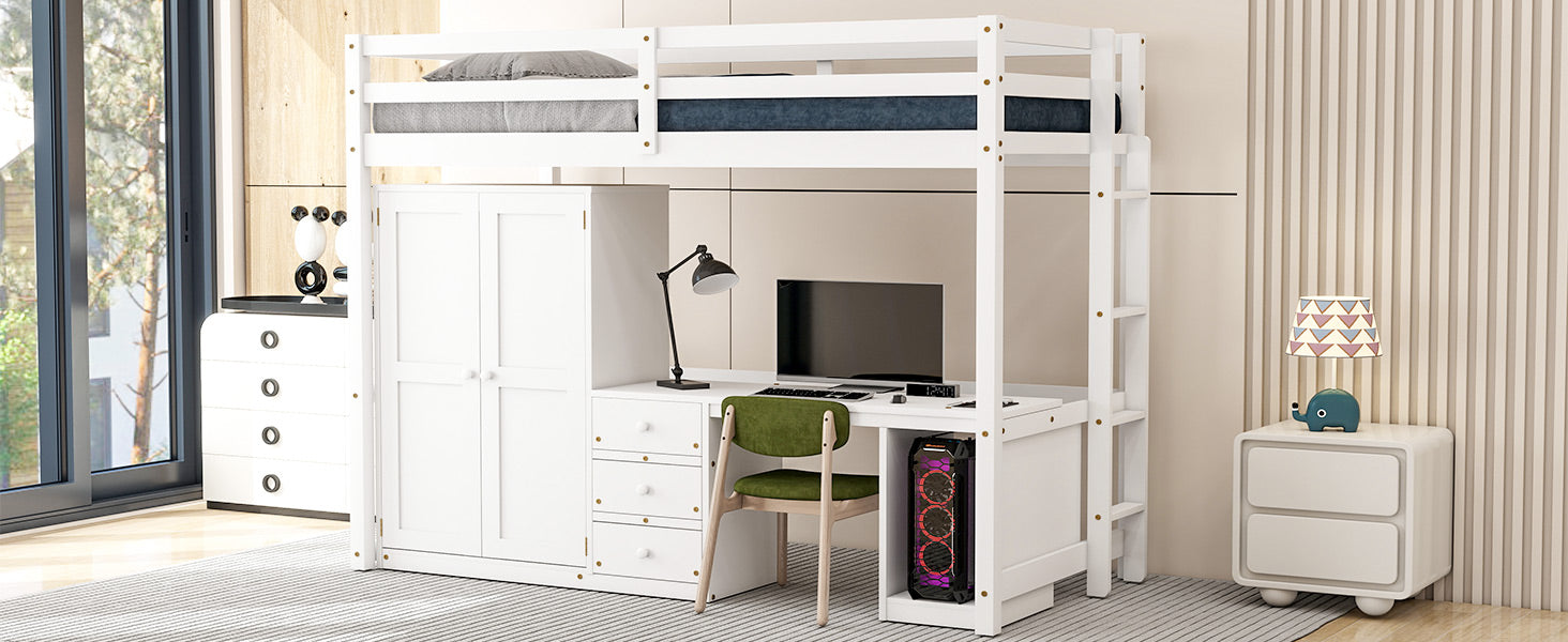 Twin Size Loft Bed With Wardrobe, Desk And Storage Drawers, White Twin White Pine