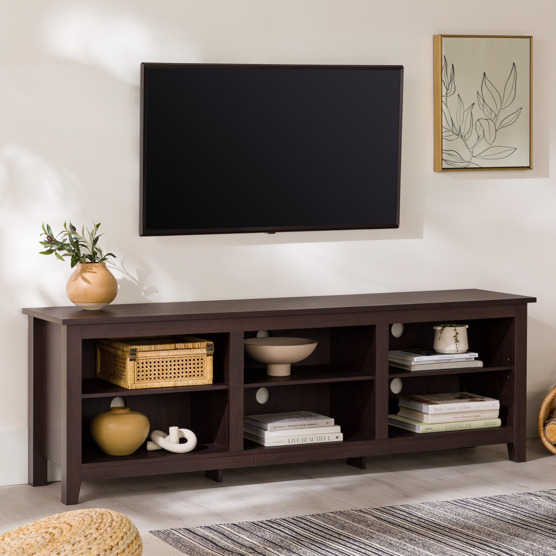 Modern Transitional 3 Shelf Open Storage 70" Tv Stand For 80" Tvs Espresso Espresso Mdf