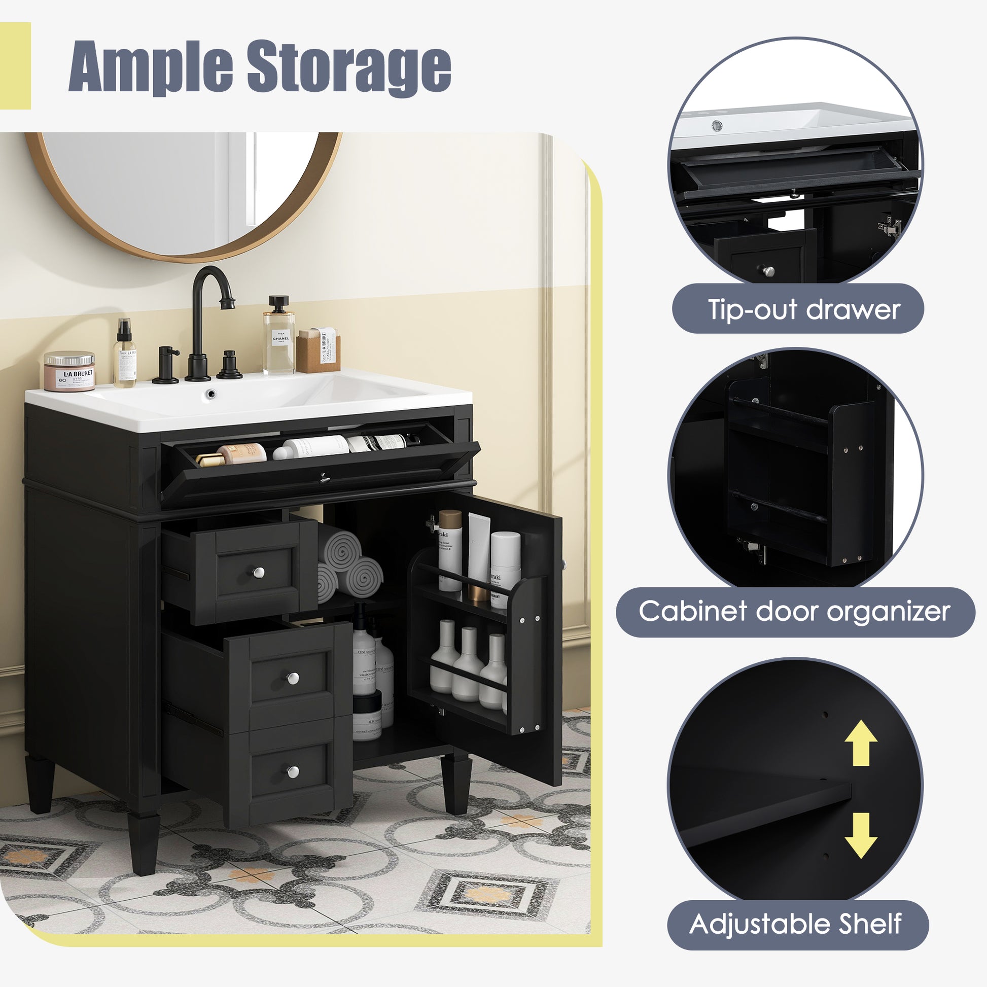 30'' Bathroom Vanity With Top Sink, Modern Bathroom Storage Cabinet With 2 Drawers And A Tip Out Drawer, Single Sink Bathroom Vanity Black Bathroom Solid Wood Mdf