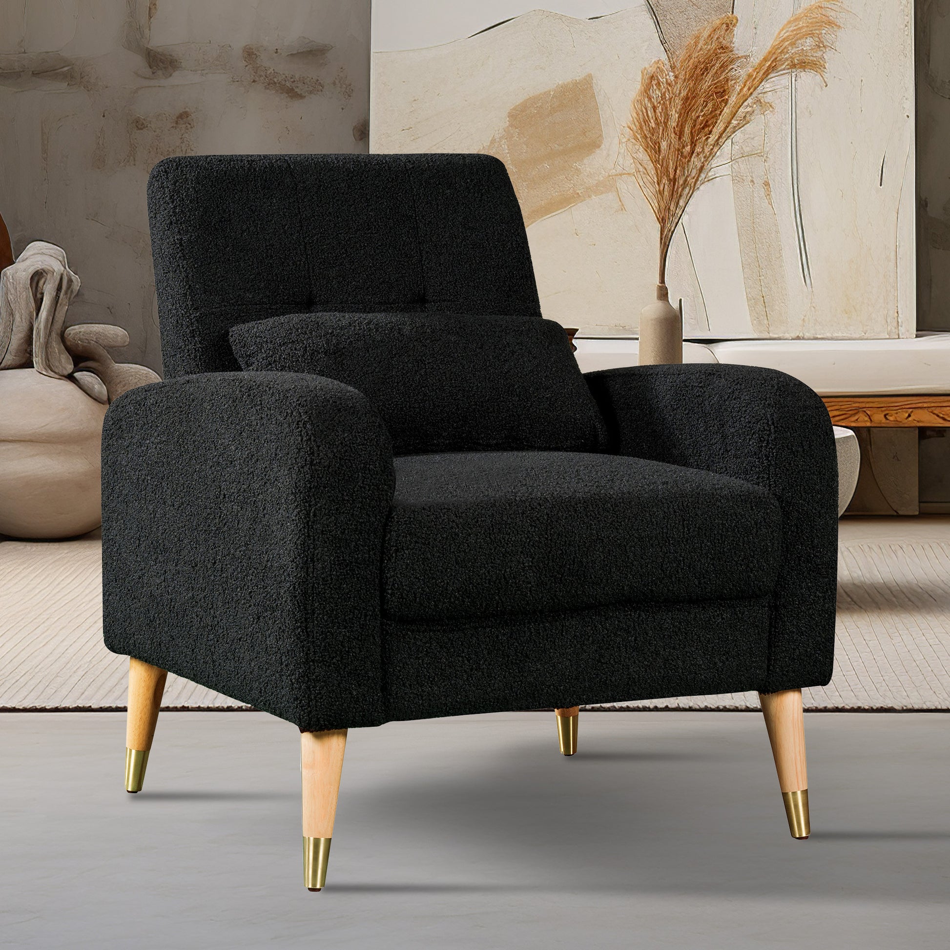 Mid Century Modern Accent Chair, Upholstered Armchair Living Room Chair, Comfy Single Sofa Chair With Metal Legs, Polyester Fabric Chair For Living Room Bedroom Black Sherpa