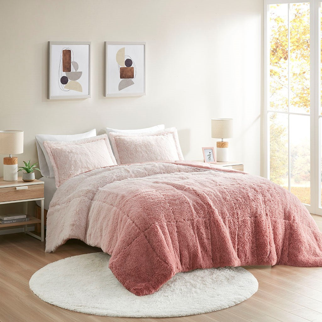 Ombre Shaggy Long Fur Comforter Mini Set King Blush Polyester