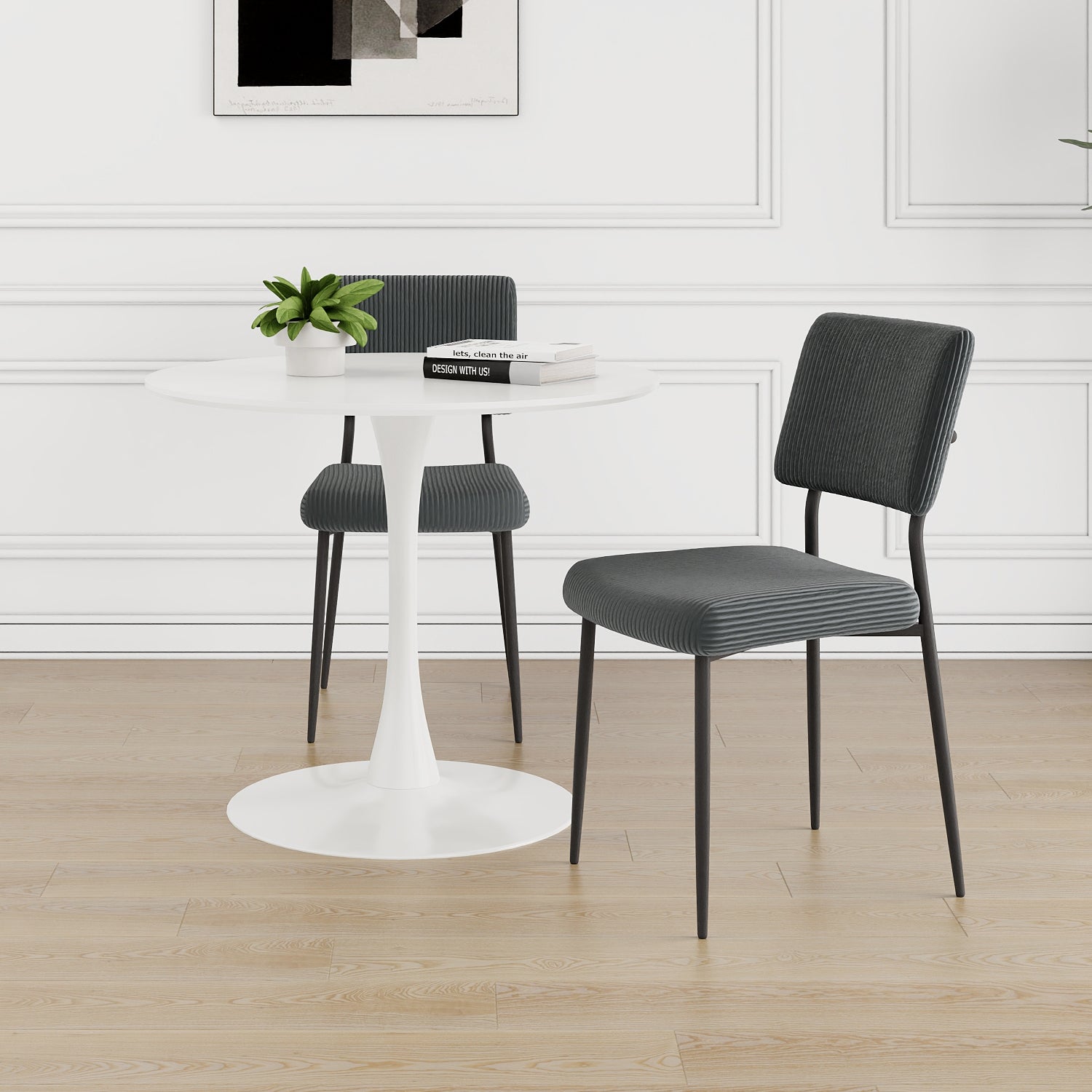 Modern Grey Simple Velvet Dining Chair Fabric Upholstered Chair Family Bedroom Stool Back Dressing, White Round Table Set, Chair Black Metal Legs Set Of 3 White Mdf