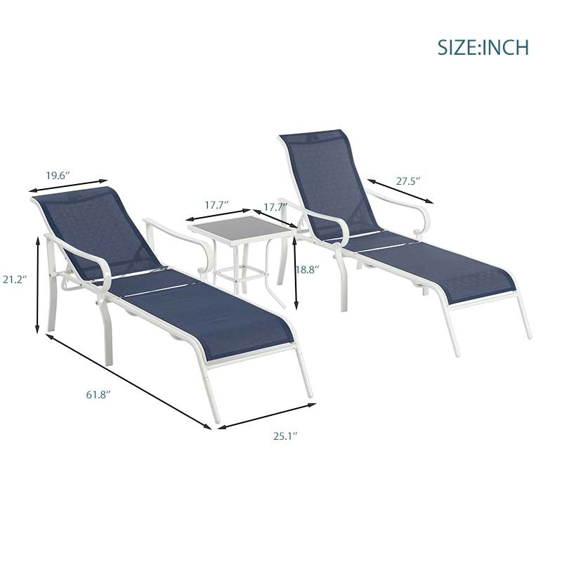 3 Pack Patio Lounge Chair, Outdoor Chaise Lounge With 5 Adjustable Backrest, Sturdy Steel Frame, Sunbathing Recliner, Beach Chair, Tanning Chair For Outside, Yard, Balcony, Pool Chairs,White Blue