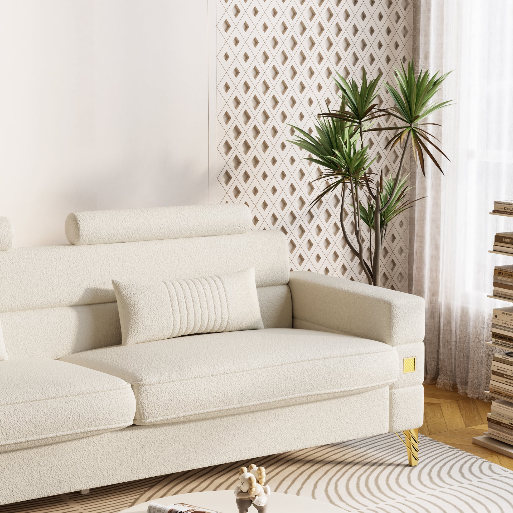 Fx P15 Wb Sofa Elegant White Imitation Wool Circle Fabric Sofa With Adjustable Headrests Contemporary 3 Seat Couch With Gold Legs, Perfect For Living Room And Office Decor Temu Suitable White Velvet 3 Seat