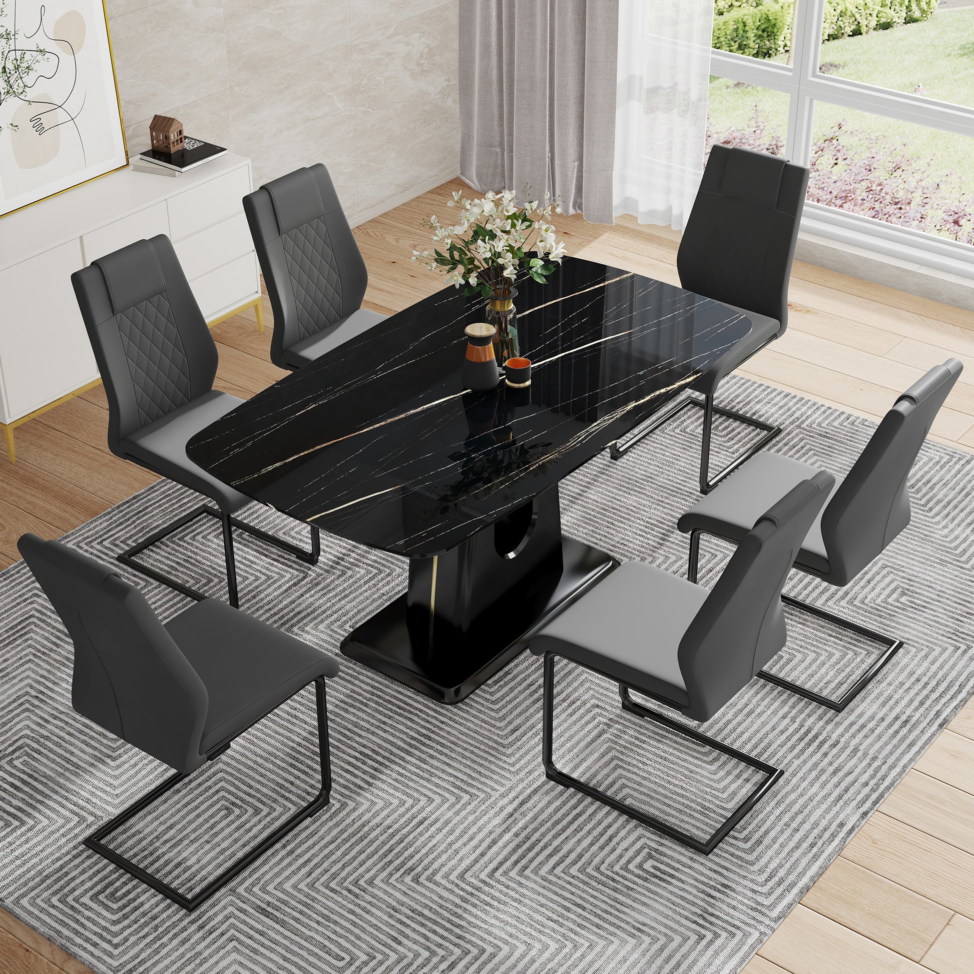 Table And Chair Set, Minimalist Dining Table, Imitation Marble Patterned Glass Tabletop, Mdf Legs With U Shaped Brackets. Paired With Comfortable Chairs, Suitable For Dining And Living Rooms. Black Mdf Glass