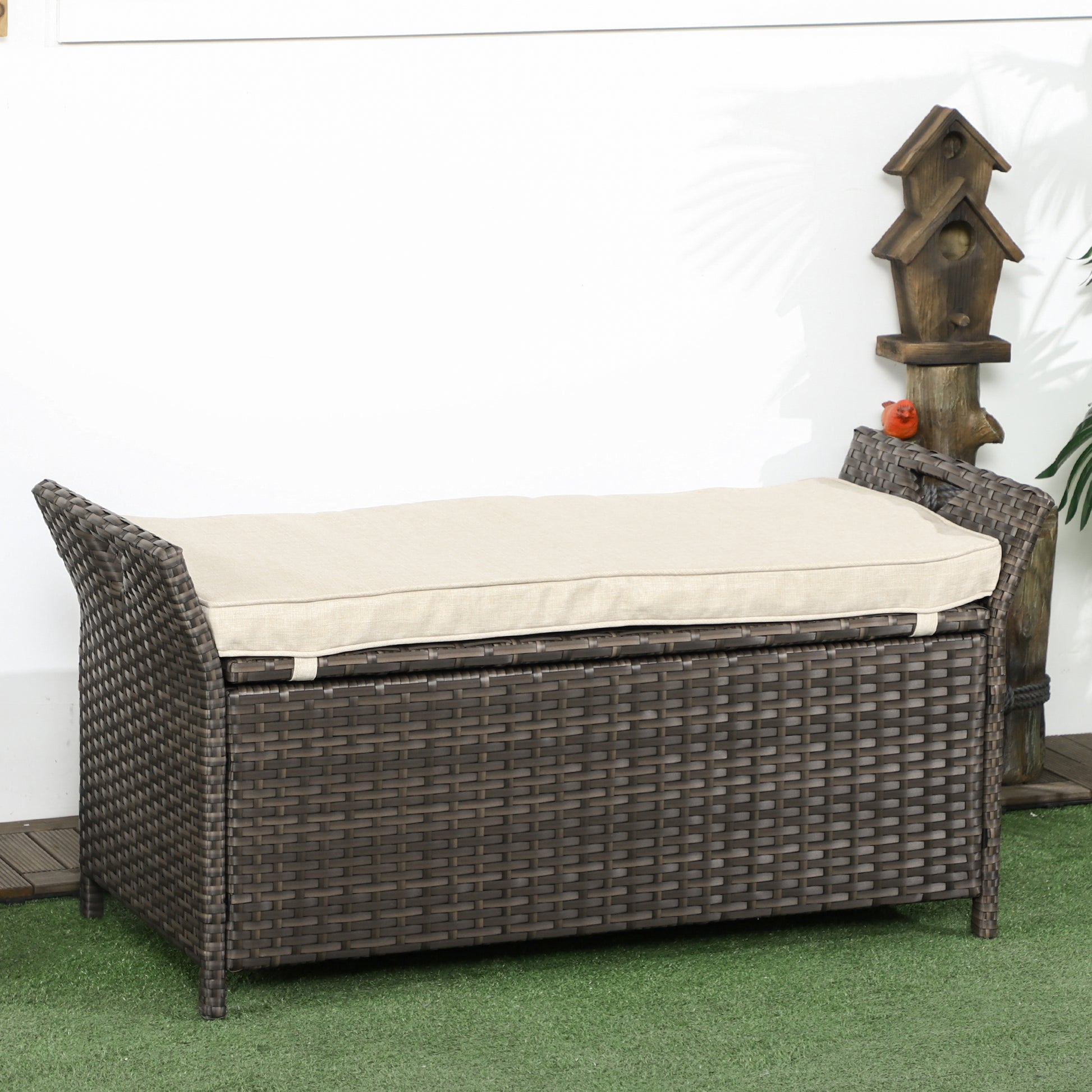 Outsunny 27 Gallon Patio Wicker Storage Bench, Outdoor Pe Rattan Patio Furniture, 2 In 1 Large Capacity Rectangle Garden Storage Box With Handles And Cushion, Cream White Brown White Steel