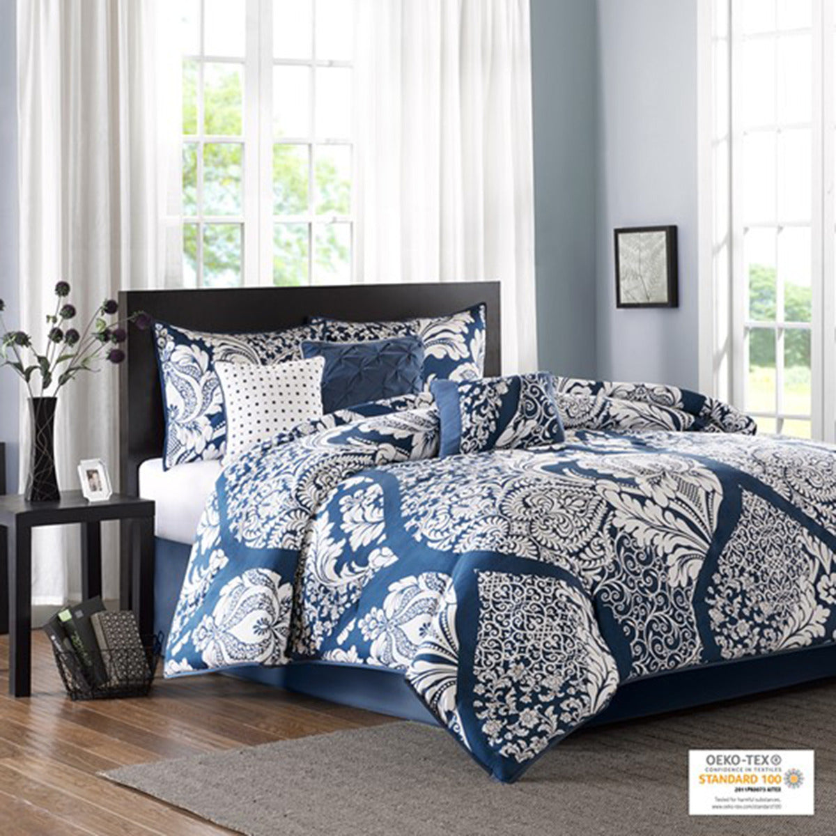 7 Piece Cotton Printed Comforter Set Indigo Cal King California King Indigo Polyester