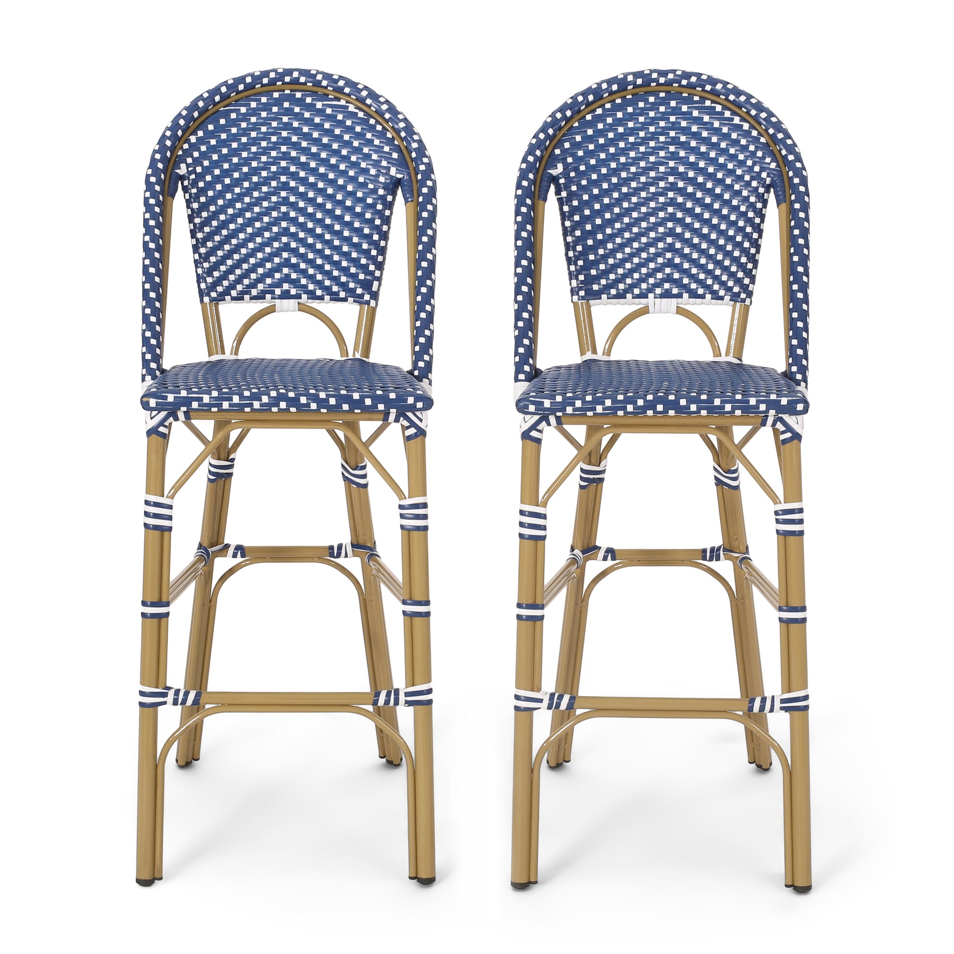 29.5" Outdoor Pe Rattan French Barstool, Dark Teal And White, Aluminum Frame With Bamboo Finish Set Of 2 No Teal Blue,White Rust Resistant Frame Garden & Outdoor French 2 Person Seating Group