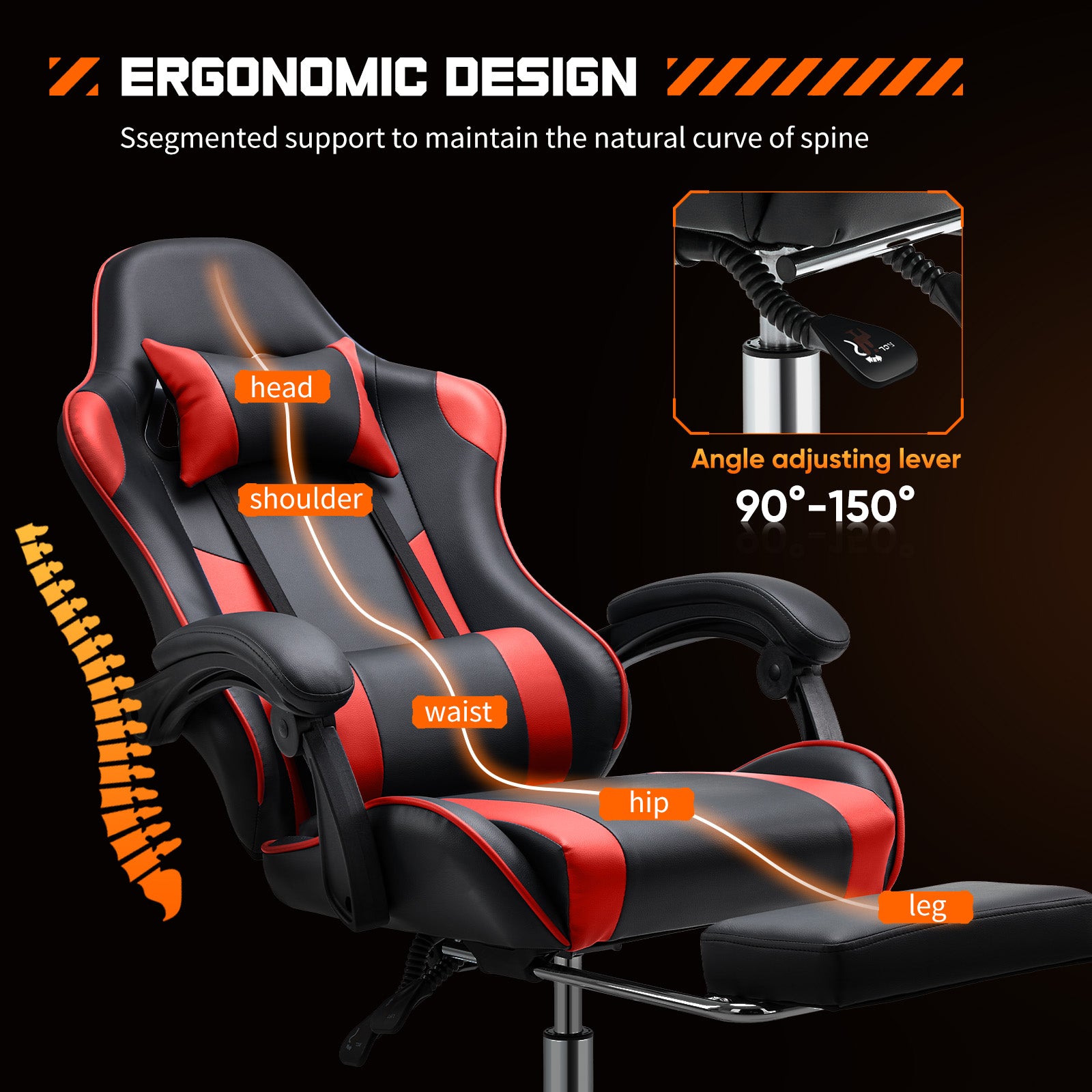 Video Game Desk Chair Ergonomic Computer With Footrest And Comfy Lumbar Support, Pu Leather Recliner With Headrest, Fixed Up Armrest, Height Adjustable With 360 Swivel, For Adults, Red Black Red Faux Leather