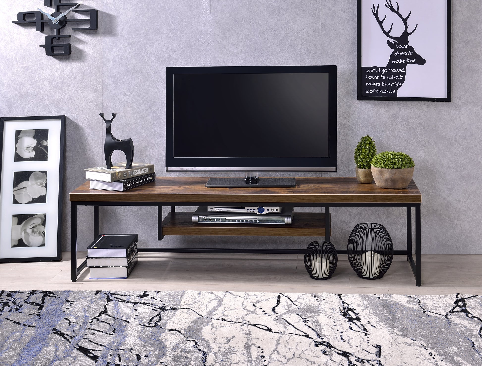 Bob Weathered Oak & Black Metal Finish Tv Stand Black,Oak 40 49 Inches Synthetic Wood