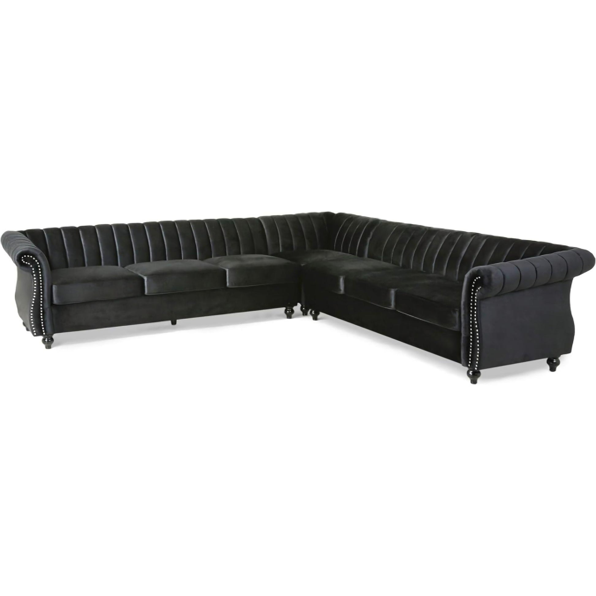 L Shaped Velvet Corner Sofa,Heavy Duty Solid Wood Frame And Sturdy Wood Legs, 7 Seater Corner Sofas With Rolled Arms For Living Room, Bedroom, Apartment Black Black Velvet Wood Primary Living Space Medium Soft Loose Back Heavy Duty Art