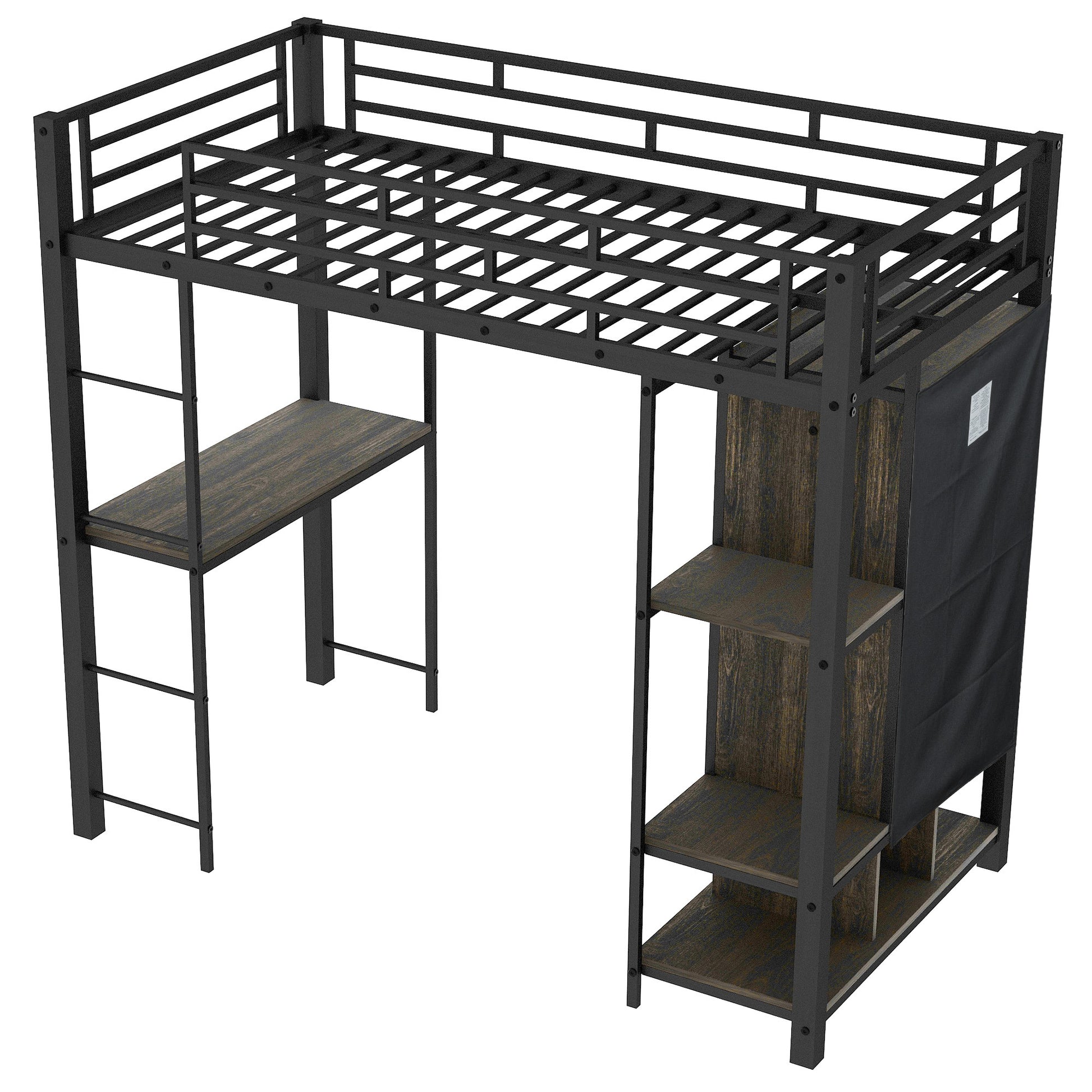 Twin Size Metal Loft Bed With Built In Wardrobe, Desk And Shelves, Black Expected Arrival Time: 9.3 Box Spring Not Required Twin Black Mdf Metal