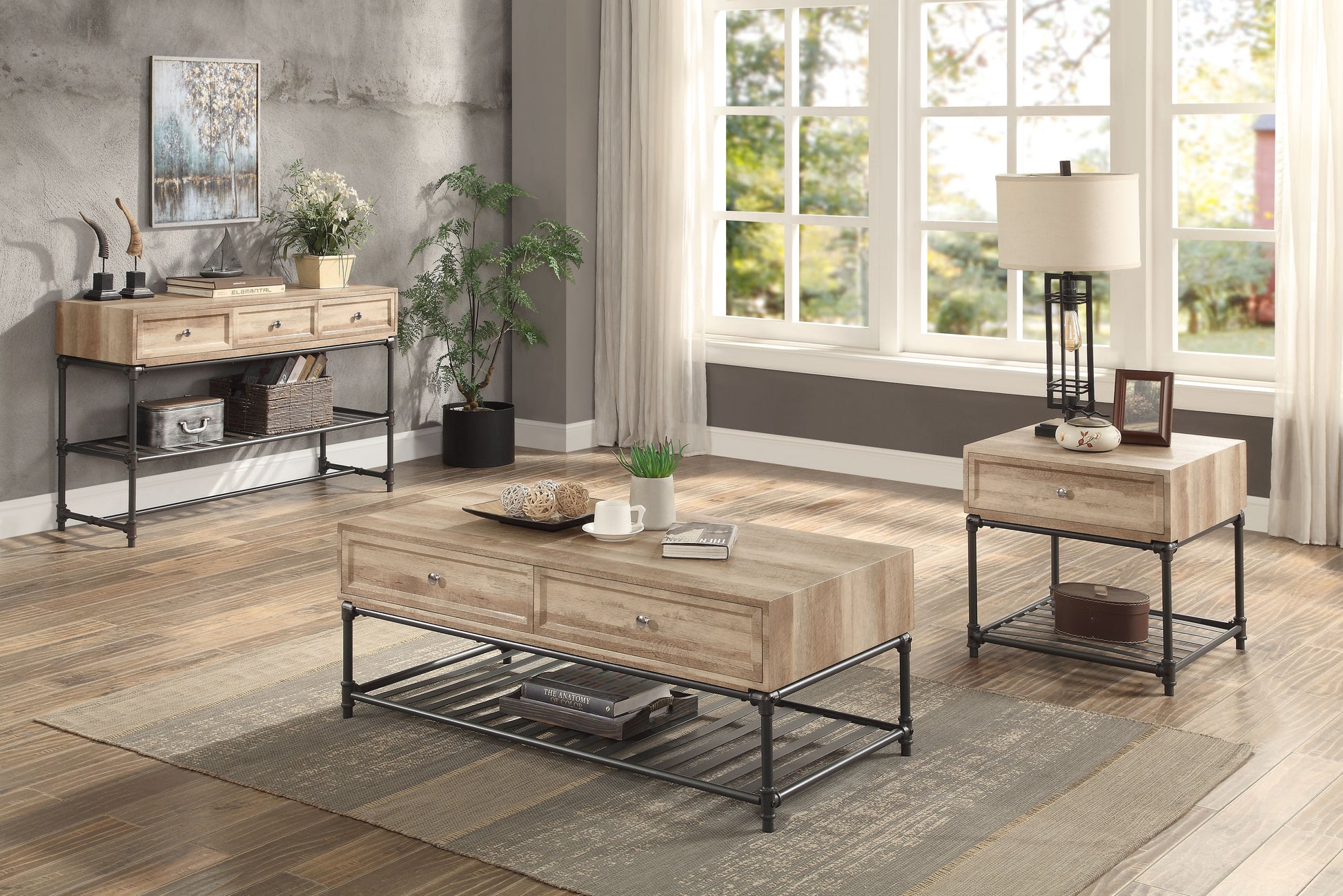 Oak And Sandy Black Coffee Table With Bottom Shelf Oak Primary Living Space Drawers Rectangular Paper Composite