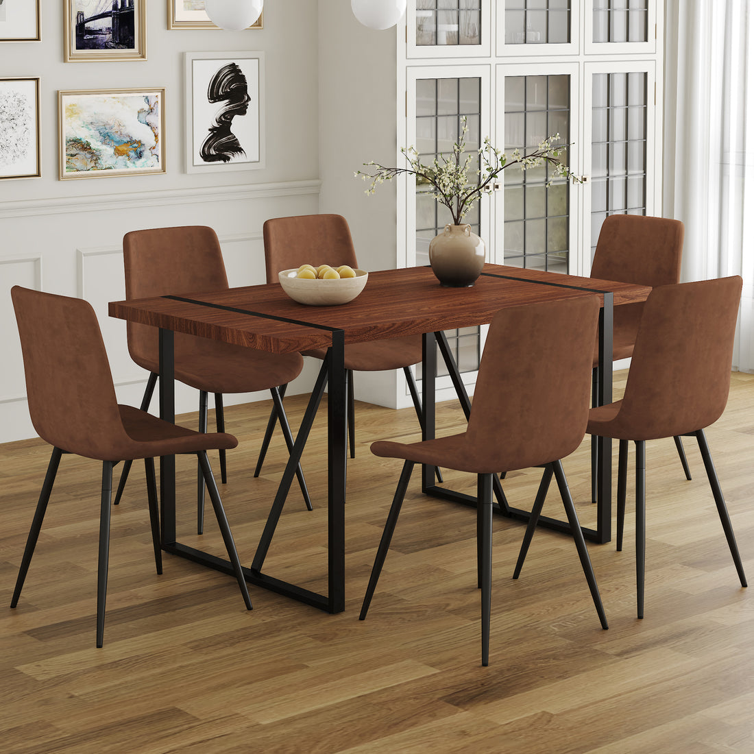 Table And Chair Set. A Minimalist Retro Rectangular Dining Table With A Specially Textured Top And Black Metal Legs, Paired With 6 Soft Chairs And Black Metal Legs, Showcases A Beautiful Home Style.