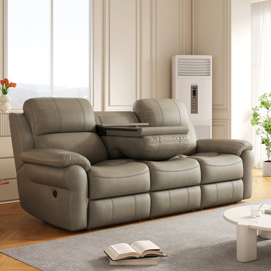 Fabric Power Reclining Sofa With Drop Down Table,Usb Button And Wireless Charger Khaki Khaki Primary Living Space Tech Cloth 3 Seat