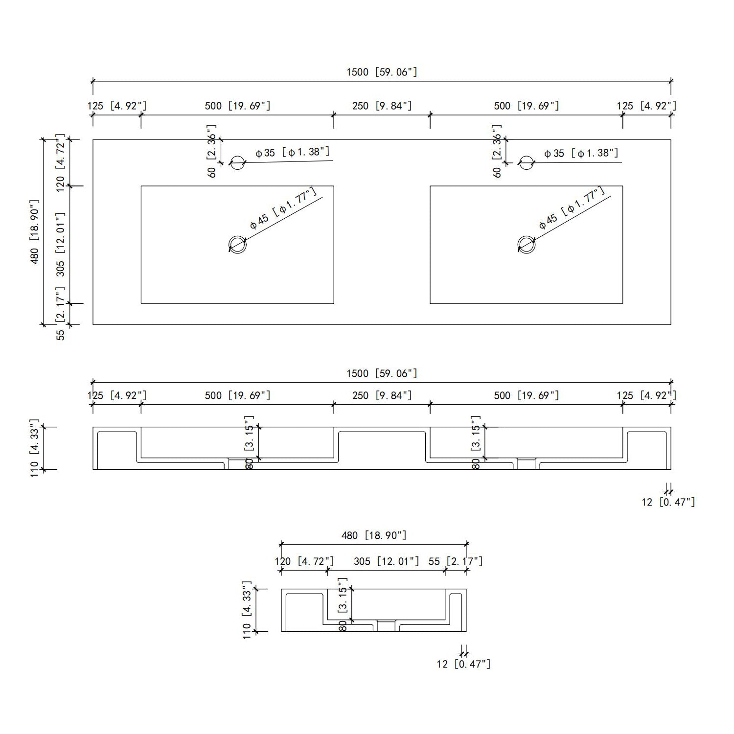 60Inch Solid Surface Double Basin With Faucet Hole White Bathroom Classic,Luxury,Modern Solid Surface Solid Surface