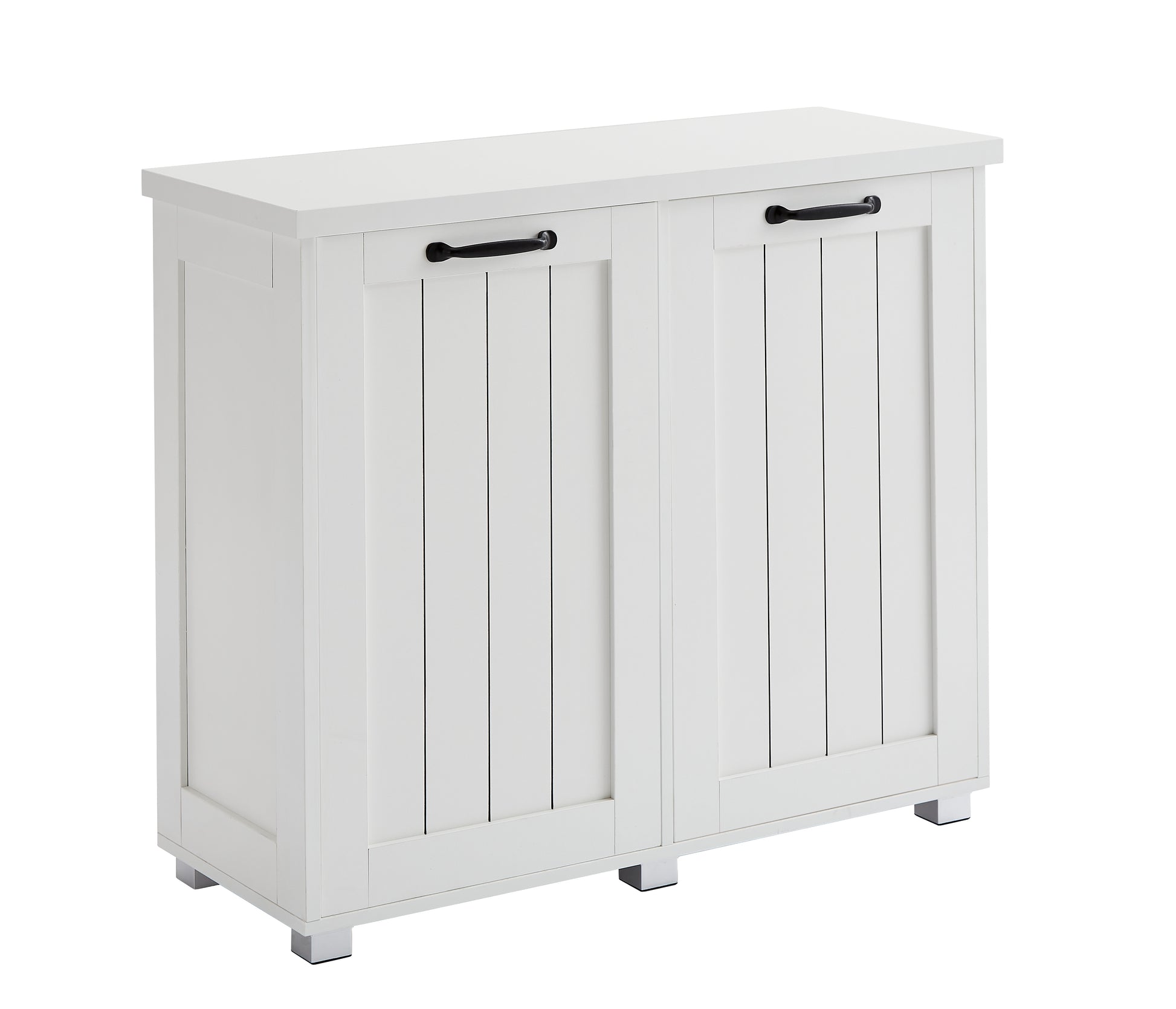 Two Compartment Tilt Out Trash Cabinet, Pet Proof Kitchen Trash Cabinet With Cutting Board, Free Standing Laundry Sorter Cabinet, Laundry Hamper, White White White Particle Board