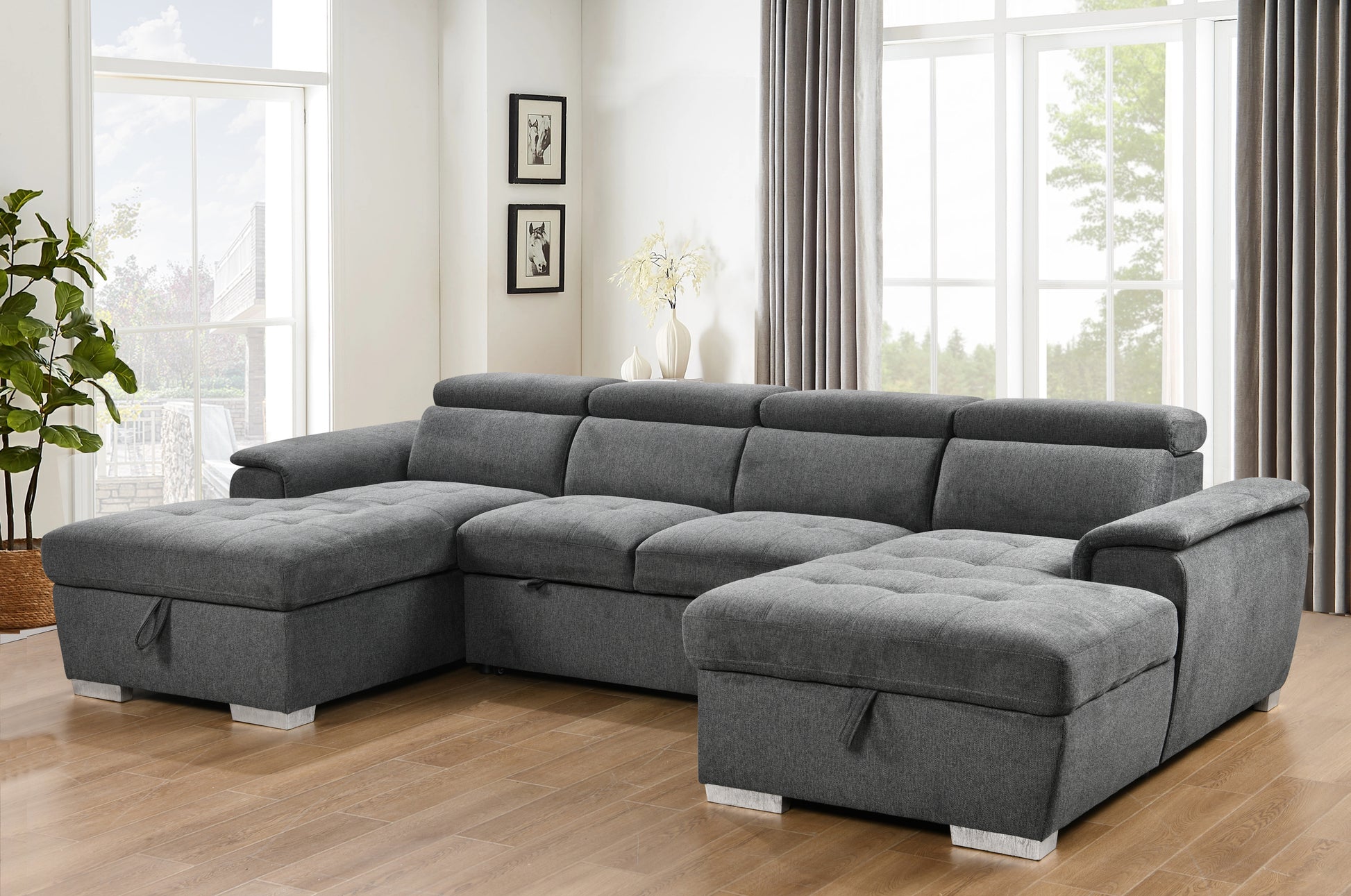 U Shaped Sleeper Sofa, 121 Inch Overisze 2 In 1 Pull Out Bed, Sectional Sleeper Sofa With Double Storage Chaise For Living Room Furniture, Dark Grey Light Brown Wood Primary Living Space Medium Duty Eucalyptus 6 Seat Dark Gray Polyester Soft Pillow Back