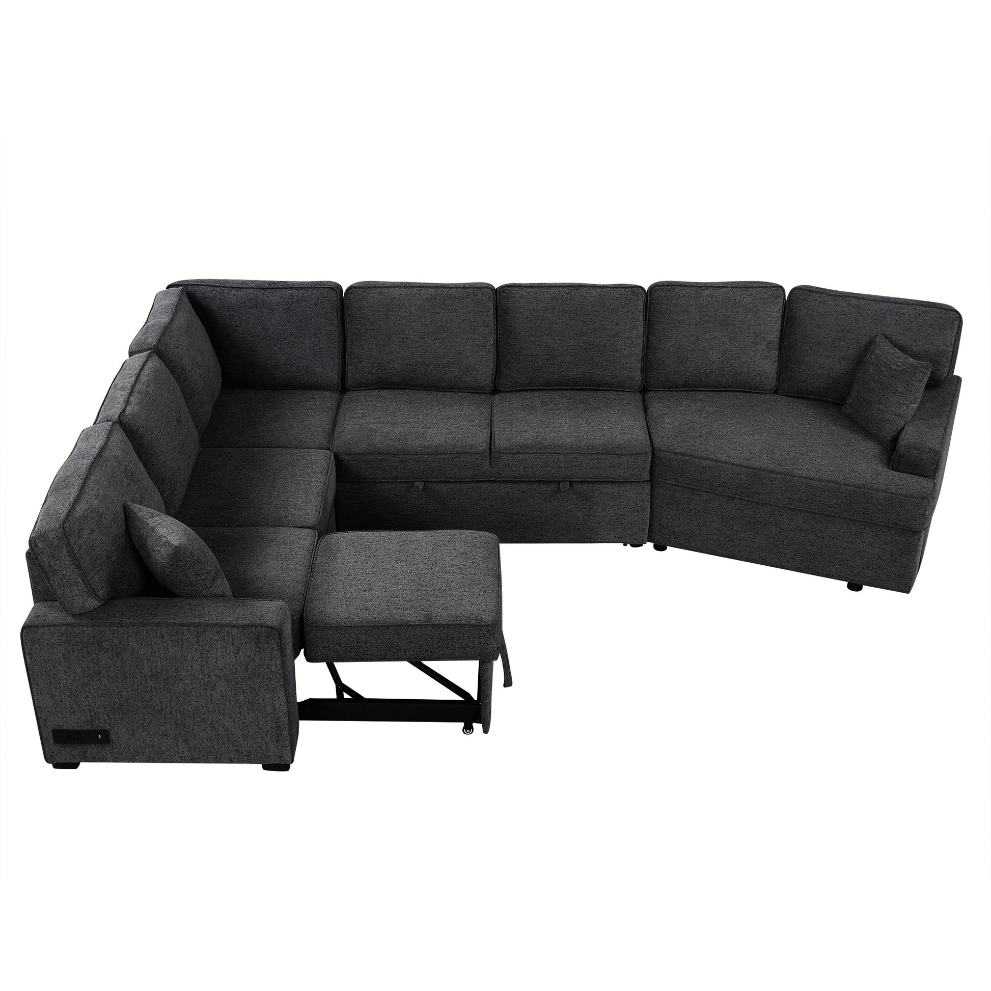 126" L Shaped Sofa Sectional Sofa Couch Pull Out Sofa Bed With Charging Devices And Cup Holders For Living Room, Blue Black Black Blue Foam Chenille 6 Seat