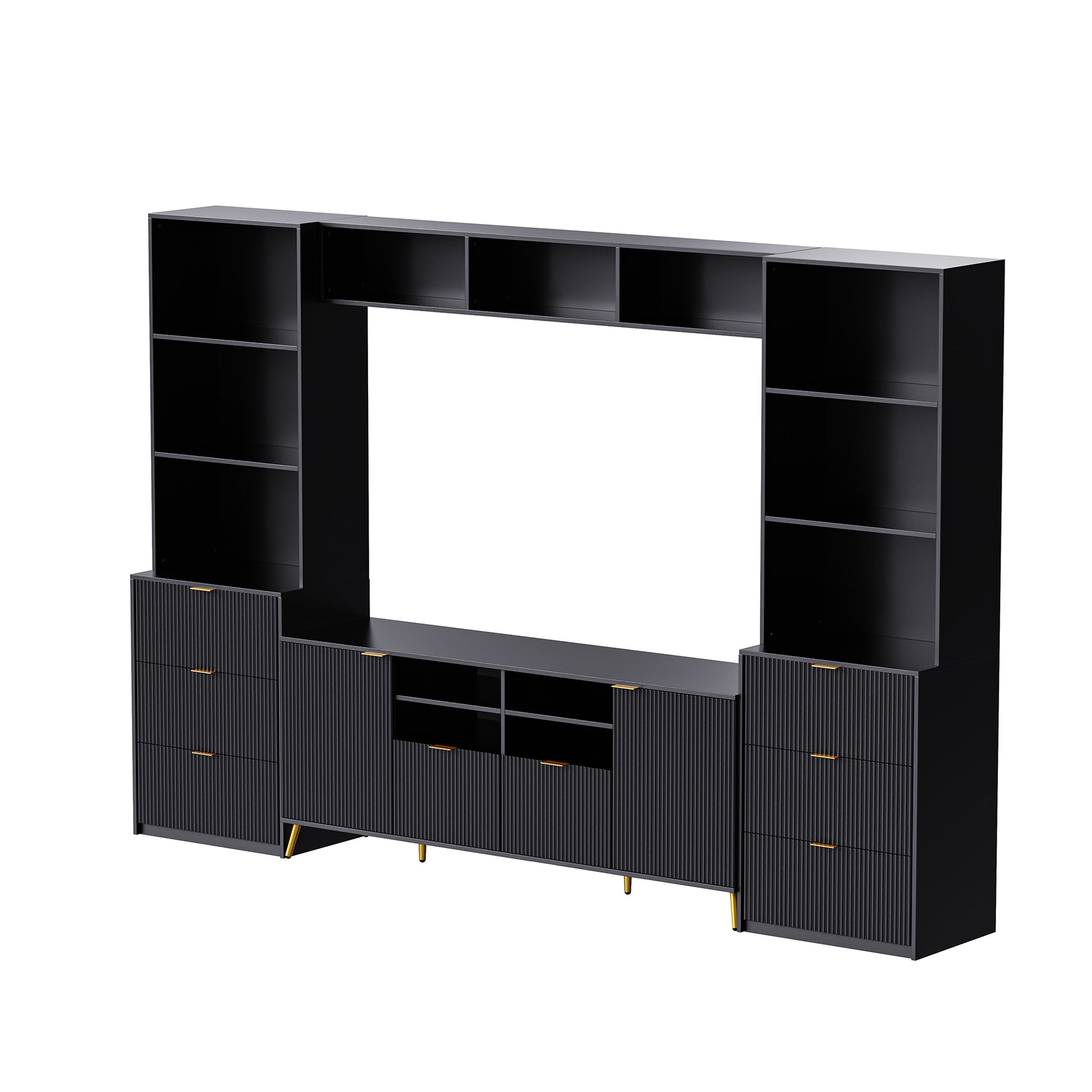 4 Piece Entertainment Wall Unit With 13 Shelves,8 Drawers And 2 Cabinets, Multifunctional Tv Stand Media Storage Cabinet With Fluted Line Surface For Living Room, For Tvs Up To 70" Black 60 69 Inches Mdf