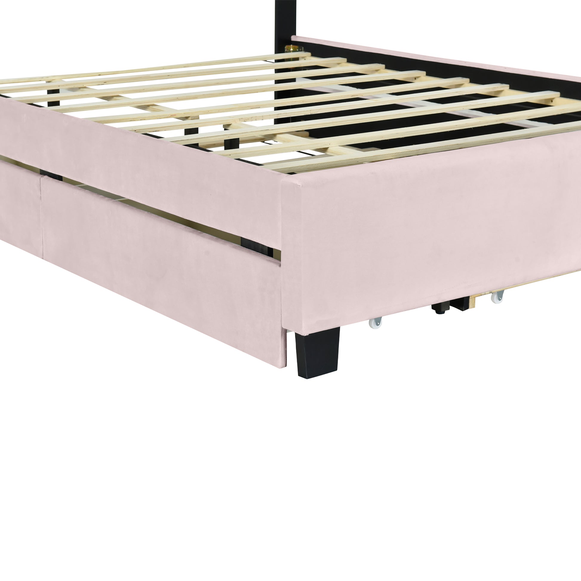Queen Size Upholstered Platform Bed With Twill Headboard, Pullout Bed And Two Drawers, Flannel,Pink Queen Pink Mdf Lvl
