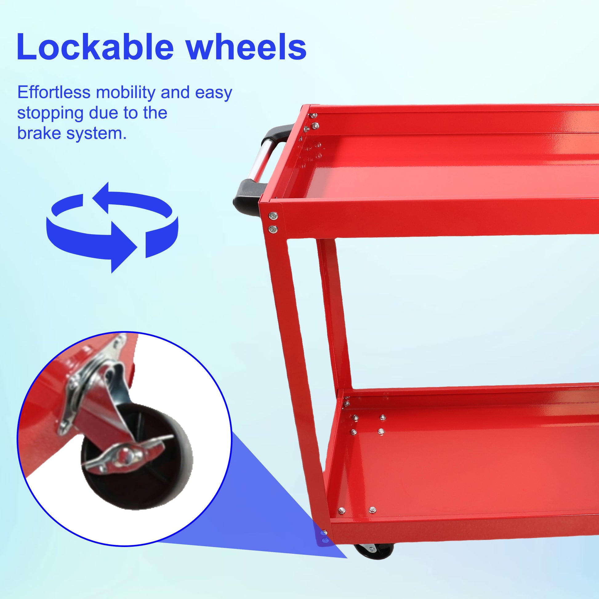 Tool Cart On Wheels, Heavy Duty Steel Utility Cart W Lockable Wheels, 400 Lbs Capacity Industrial Service Cart For Garage, Warehouse, Workshop Two Layer Bright Red Red Abs Steel Q235