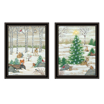 2 Piece Vignette Woodland "Critters For Christmas" Black Framed Wall Art For Living Room, Bedroom Wall Art Print For Home Decor By Lisa Kennedy Multi Wood Paper