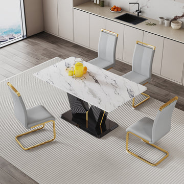 Table And Chair Set, White Imitation Marble Texture Glass Tabletop, Black Mdf Table Legs, Stable And Beautiful. Modern Simple Dining Table, Comfortable Seating. Black Grey Seats 4 Mdf Glass