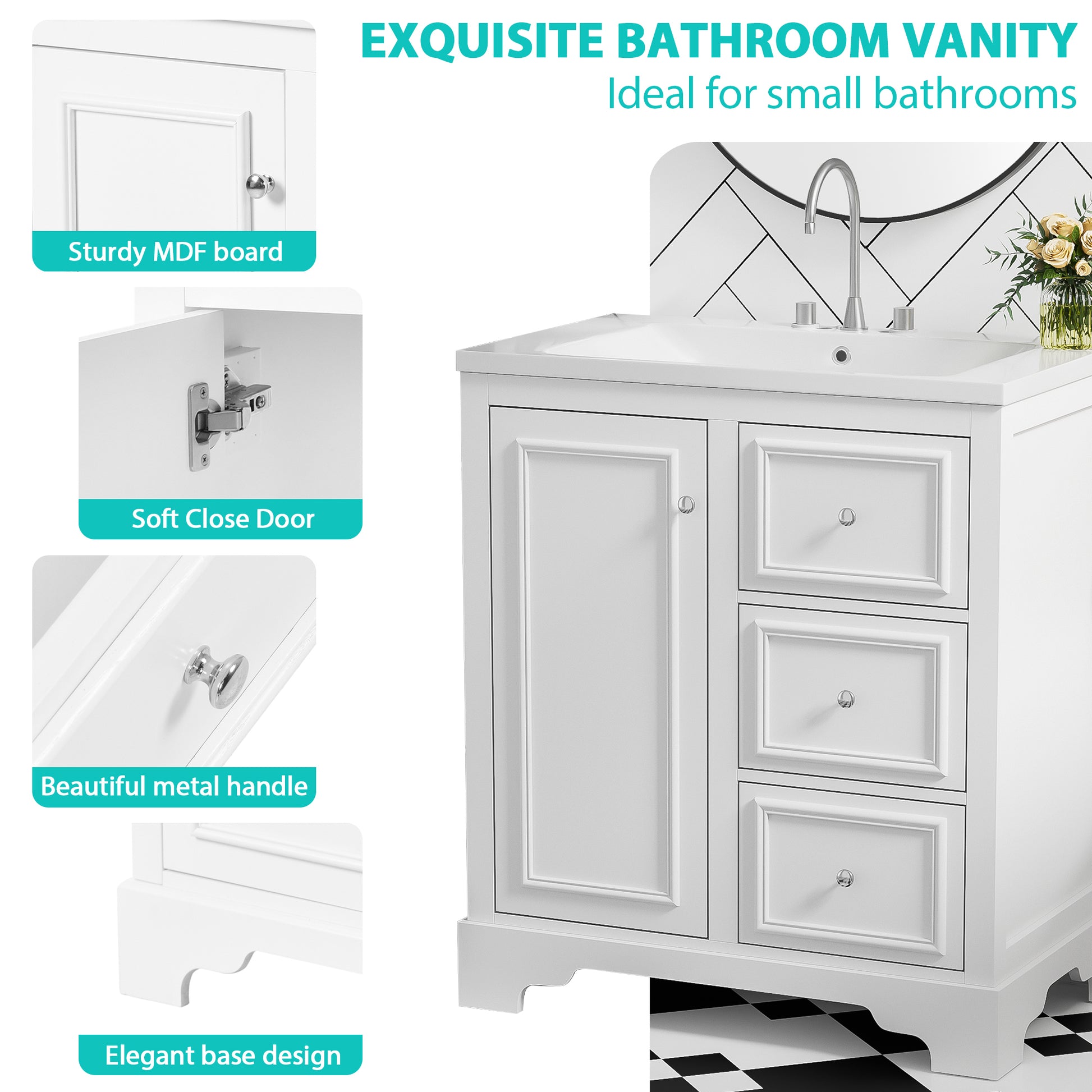 30 Inch Bathroom Vanity Cabinet With Ceramic Basin, 3 Drawers And Adjustable Shelves White Bathroom Solid Wood Mdf