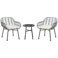 Outsunny 3 Piece Patio Set, Outdoor Bistro Furniture, Pe Rattan Wicker Table And Chairs, Cushioned, Hand Woven, Modern Look With Tempered Glass For Garden, Porch, Pool, Backyard, Cream White Gray White Matte Steel